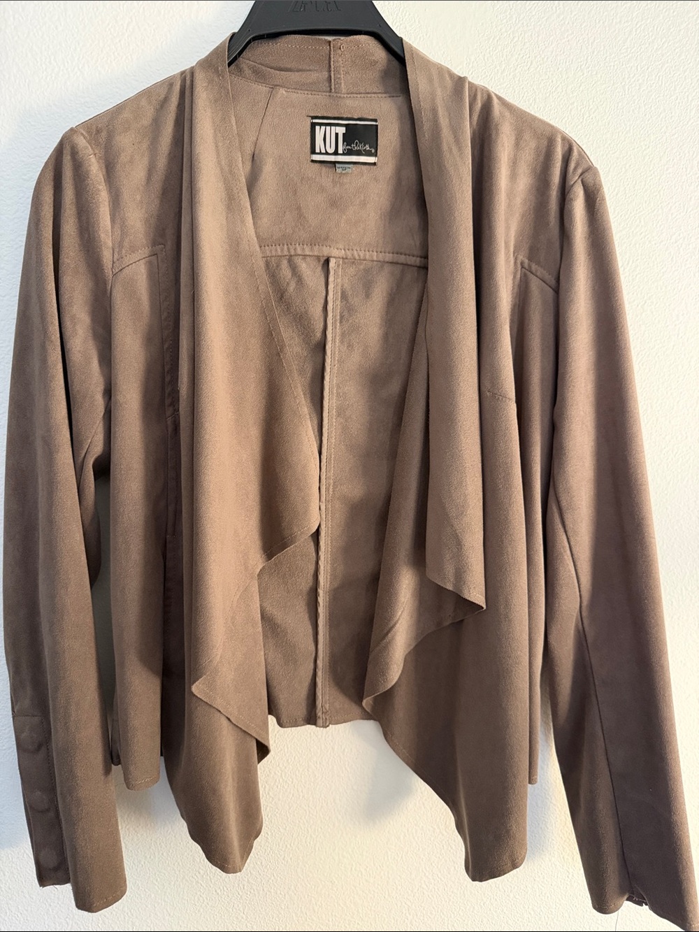 Kut from the Kloth Taupe Suede-Look Draped Open Front Jacket